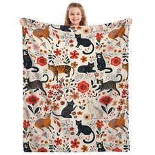 Floral Cat Blanket - Black, White, Orange With Flowers - Cute Gifts for Cat L...