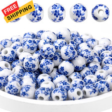 Ceramic Beads, 100Pcs Round Porcelain Beads 8 mm Blue Flower 8mm, Stil 2