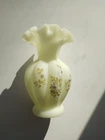 Fenton Uranium Yellow Custard Satin Hand Painted Ruffled Edge Vase Signed