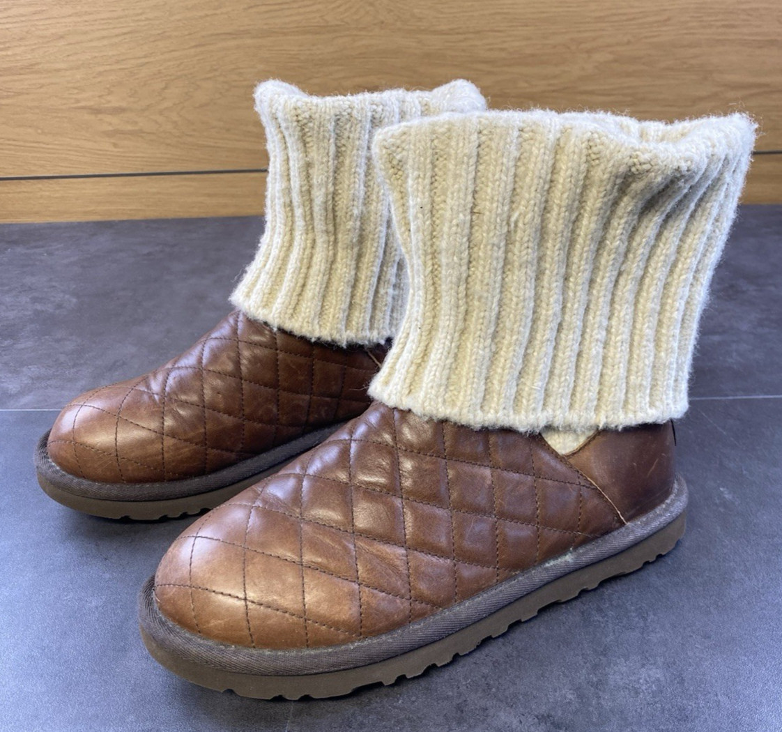 UGG Mujer Australia Cambridge Cuero Marrón Bota de Invierno con Calcetín Beige Talla 6