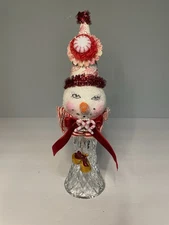 OOAK Sugar Coated Glitter Snowman’s Head Atop Crystal Glass Base Christmas Decor