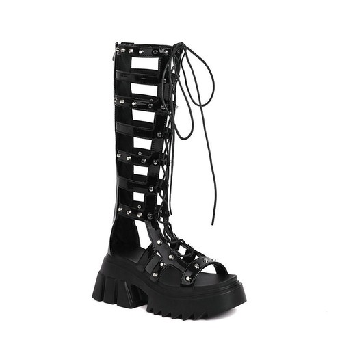 Women's Platform Mid Block Heel Knee High Summer Boots Roman Gladiator Sandals - Picture 6 of 15