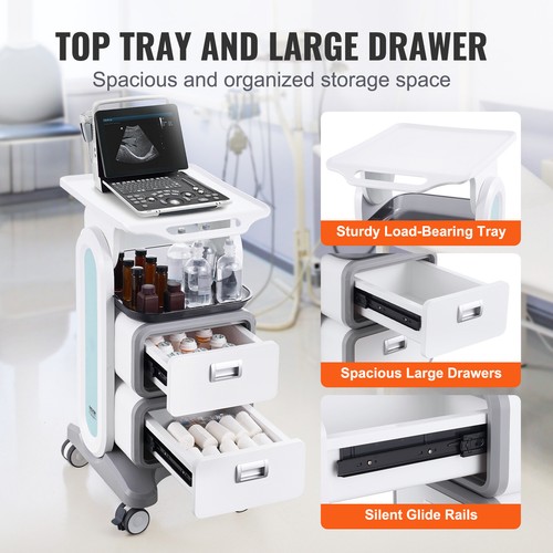VEVOR 3 Tiers Lab Carts Mobile Medical Cart with 2 Drawers & 1 Top Tray White - Picture 5 of 12