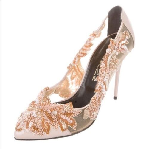 Oscar De La Renta Size 35 Sequin Beaded Floral Pumps High Heel Shoes Mesh - Picture 2 of 4