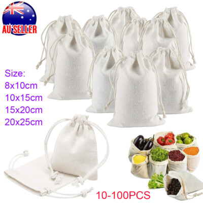 10-100Pcs Drawstring Storage Bags Calico Bags Natural Linen Tote