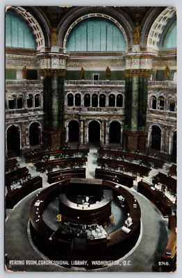 Reading Room Congressional Library Washington DC Antique c1908 Vintage Postcard