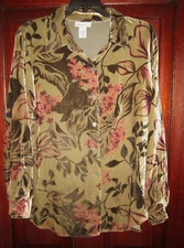 Soft Surroundings P M Button Down Shirt Blouse Top Velvet Floral Print Silk Flaw