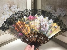 Antique Brown Lace Fabric Pink Yellow Floral Hand Held Folding Fan Ornate Signed