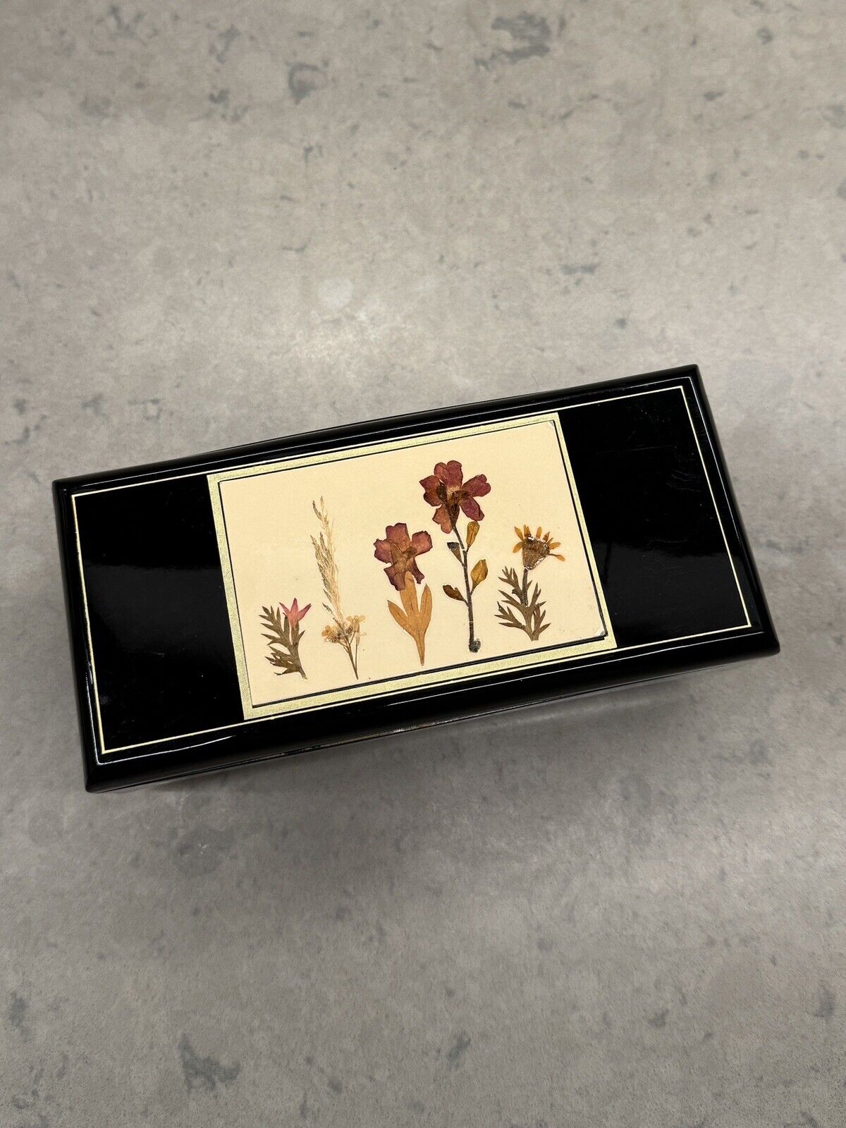 Vintage Music Jewelry Box Black Lacquer Otagiri Japan Real Floral/Plants