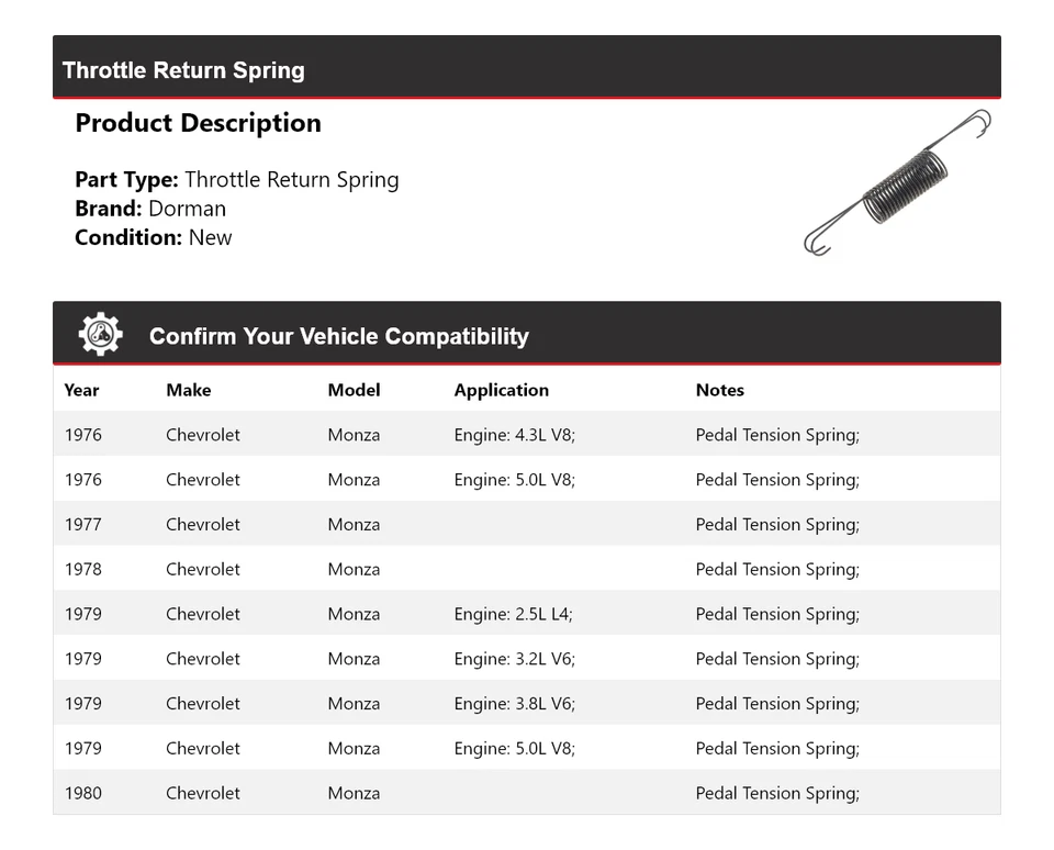 Muelle de retorno del acelerador para Chevrolet Monza Dorman 1976-1980 1977 1978 1979 Foto 2 de 4