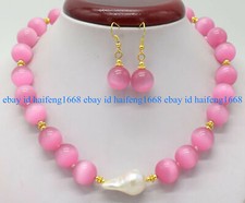 Natürliche 14mm Rosa Opal Katzenauge Weiß Keshi Barock Perle Halskette 18"