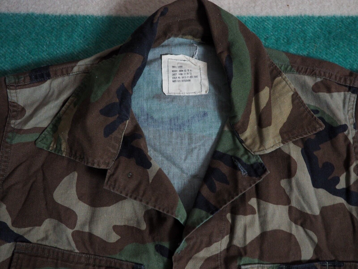 VTG 80s US Military BDU USMC Stencil Marines Woodland Camo Button 