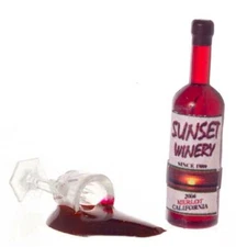 Dolls House Bottle & Glass of Spilled Red Wine Miniature 1:12 Bar Pub Accessory