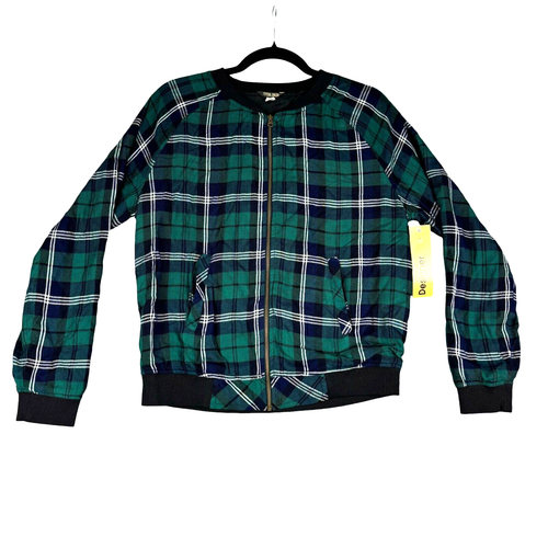 Peyton Jensen Jacket Women's Small Green Blue Plaid Bomber Full Zip Long Sleeve