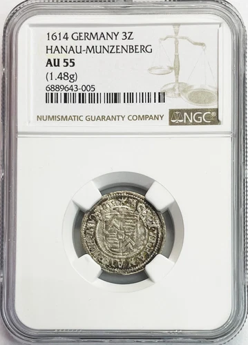 1614 SILVER COUNTY OF HANAU MUNZENBERG GERMAN STATES 3 KREUZER NGC ABOUT UNC 55