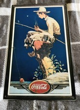 Vintage Coca Cola Norman Rockwell Advertising Metal Sign Fishing Boy with Dog