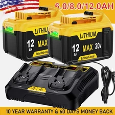 20 Volt 8.0Ah for DeWalt 20V Max 12.0AH Lithium Battery / Dual Charger DCB206-2