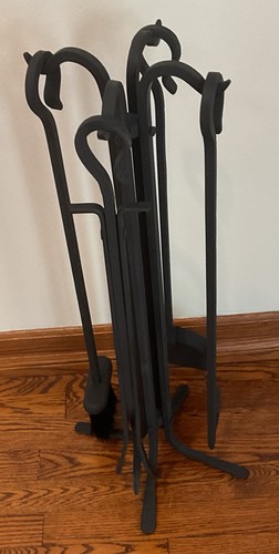 5 Piece Hand Forged Iron Fireplace Tool Set 27.5" Black Wrought Iron Handle Nice