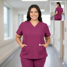 Carhartt Womens Modern Fit Scrub Top Burgundy V Neck Pockets Size 2XL