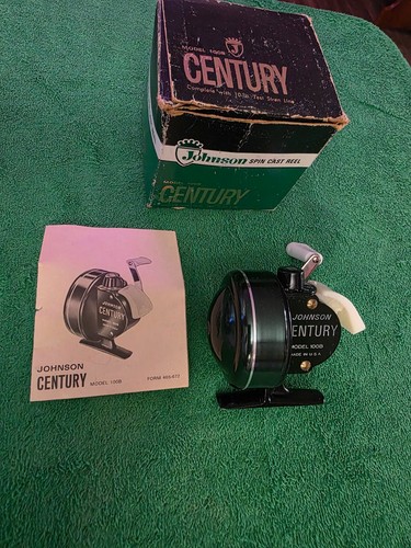 Johnson Century 100B Vintage Bait Casting Angelrolle, Handbuch & Factory Box USA.