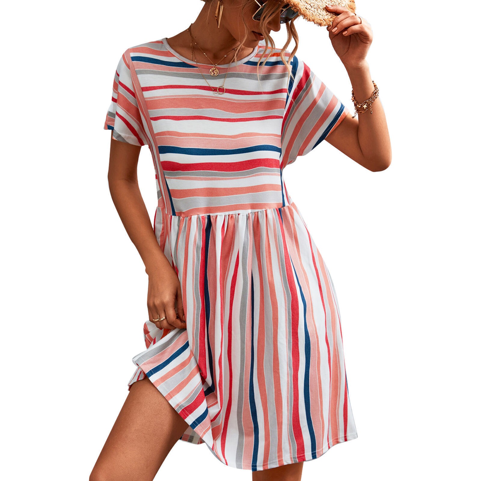 Women Short Sleeve Dress Stripe Printed Round Neck Casual Style Loose Dress