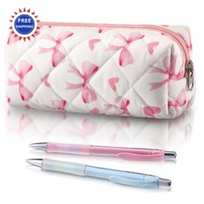 Pencil Case Pink Bow Cute Soft Cotton Aesthetic Pattern Makeup Cosmetic Bag