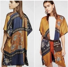 Free People Mon Cheri Silky Patchwork Kimono Women's OS Blue Multi Boho Hippie