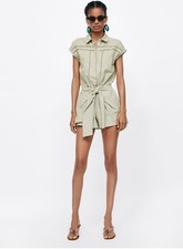 Zara Basic Sage Green Linen Tie Front Romper Lace Khaki Womens Size Med Neutral