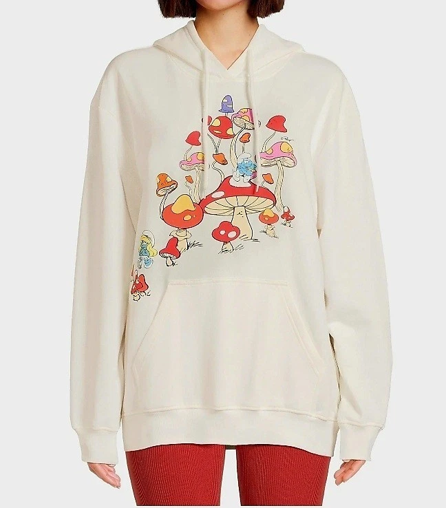 OFF WHITE Felpa pullover con cappuccio donna Puffi avorio fidanzato nuova taglia XL