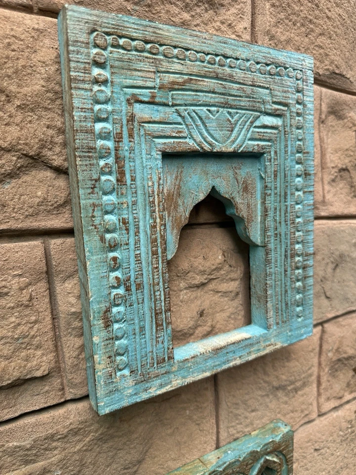 Antiguo marco de pared de espejo de madera tallado a mano rústico verde pintado arco marco de castillo Foto 3 de 4
