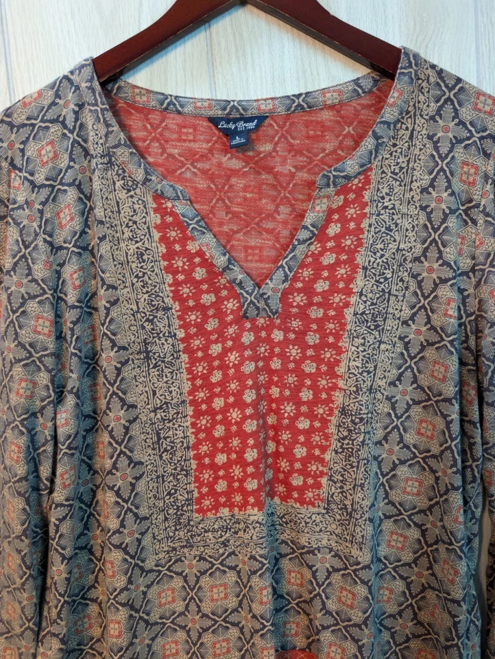 Lucky Brand красный богемное печать крестьянский верхний женщин Sz большой мягкий шик универсальный - Изображение 2 из 4