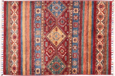 Afghan Ziegler Khorjin Rug 90x130 Hand Knotted Red Striped Oriental