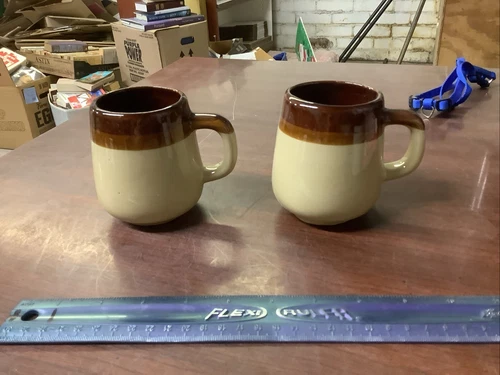 Vintage Mid Century Modern 2-Tone Brown & Tan Pottery Coffee Mugs 1960s Set of 2
