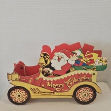VTG Santa Car Table Centerpiece MerryChristmas Cardboard Red Vintage Retro Decor