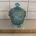 Jeannette Glass covered, footed candy dish in a blue a Harvest Grape pattern