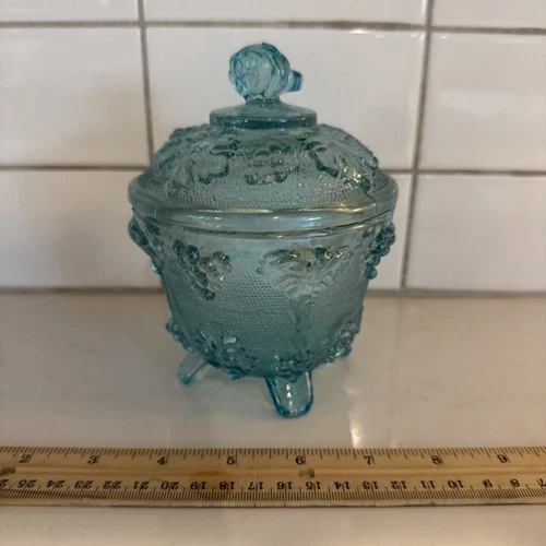 Jeannette Glass covered, footed candy dish in a blue a Harvest Grape pattern