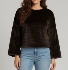 C. Wonder Faux Fur Ribbed Cropped Pullover Sweater Top S Brown 3/4 Bell Sleeve