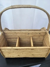 Vintage Bamboo Wicker Basket Utensil Caddy Storage Organizer 13.5x13” BBQ Picnic
