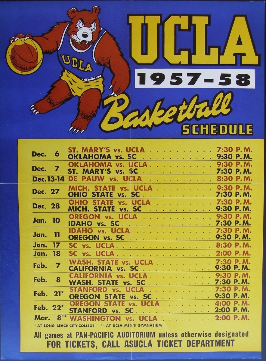 Spectacular 1957-58 UCLA Bruins College Basketball Schedule Poster