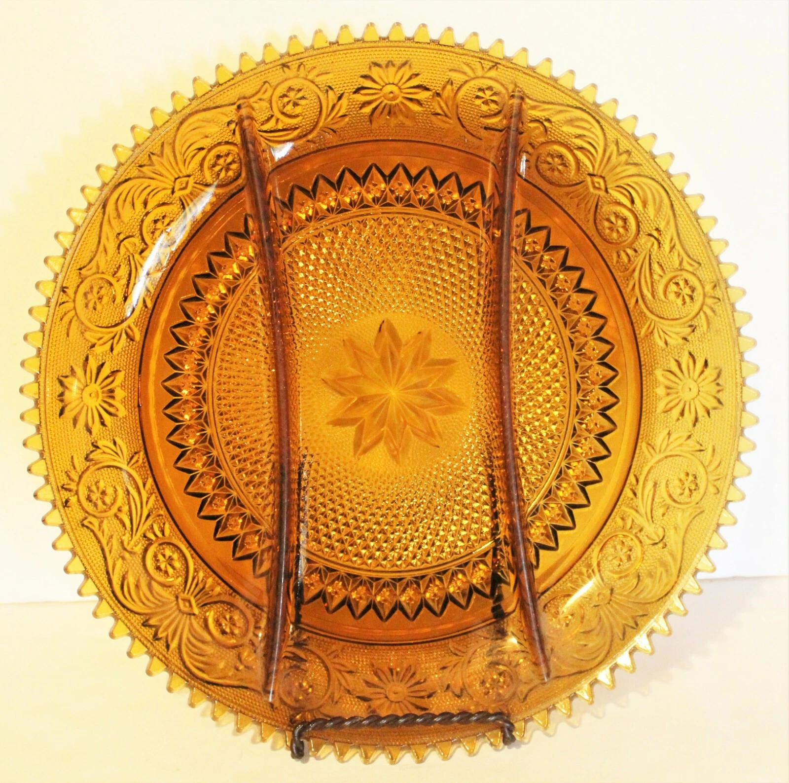 Indiana Tiara Amber Glass Sandwich Starburst Divided Serving Dish / Plate 12”