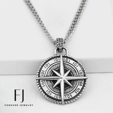 Men's 24"Stainless Steel Black Compass 52mm Pendant Necklace High Polish +Box