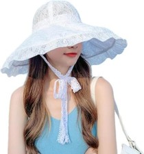 Women Sun Hat Wide Brim Lace Sunscreen with Ribbon Folding Medium, White