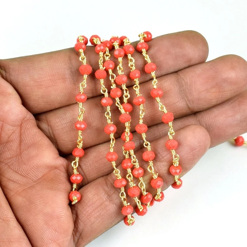 Cadena de rosario con cuentas hidráulicas de coral rojo facetado Rondelle de 3-4 mm para hacer joyas de 3 pies Foto 3 de 4