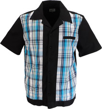 Mens Retro Blue Plaid Rockabilly Bowling Shirts