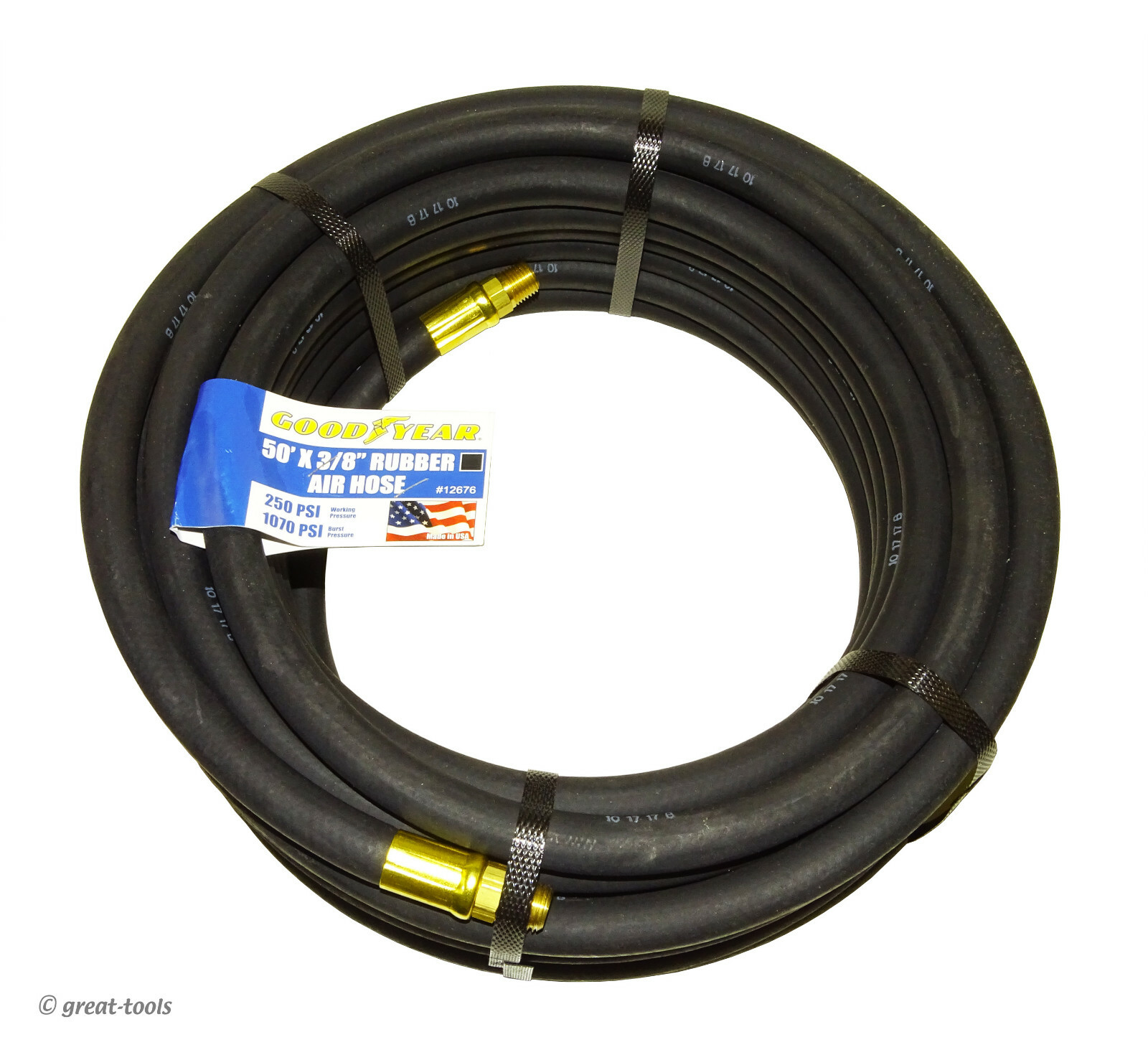 COMPRESSED AIR HOSE &ndash; 50&rsquo; x 3/8&rdquo; &ndash; Goodyear black rubber hoses &ndash; air compressor