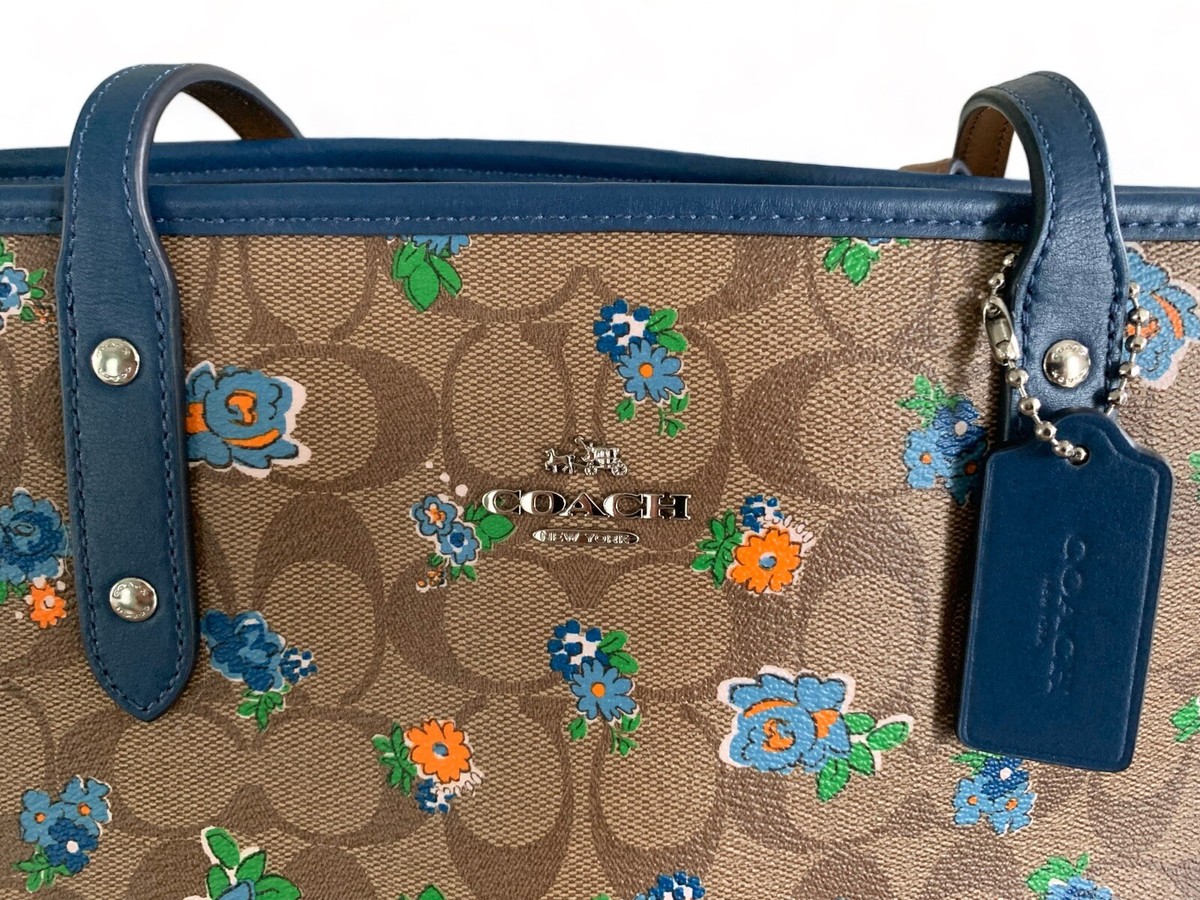 New Coach City Tote With Floral Blue And Orange Print Zipper Close