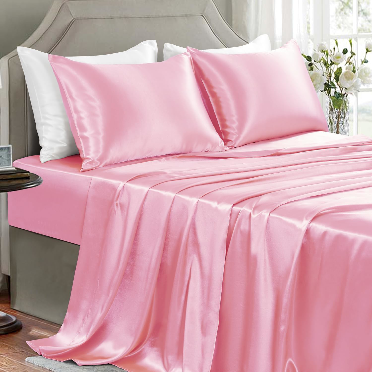 Luxury Light Pink Satin Queen Bed Sheets Set - 4 Pieces, Wrinkle-Free