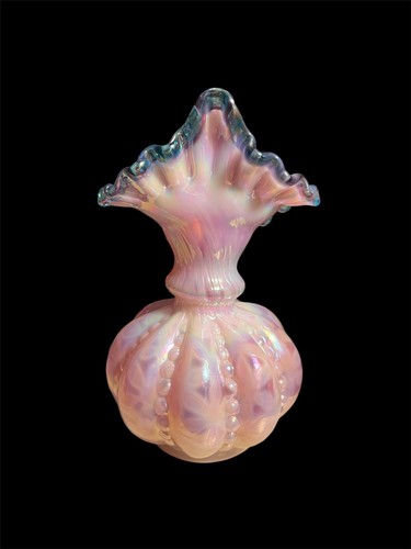FENTON ART GLASS TEAL CREST PINK BEADED MELON JACK IN THE PULPIT VASE 681/3500 - Picture 2 of 5