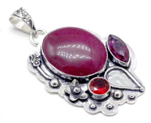 925 Sterling Silver Pink Ruby Gemstone Handmade Jewelry Pendant Size-2" - Picture 1 of 6