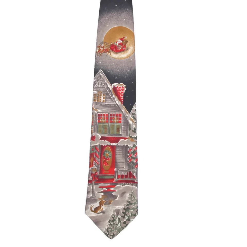 417 VAN HEUSEN Christmas Santa Sleigh Reindeer Holiday Men's Silk Neck Tie - Image 3 of 4